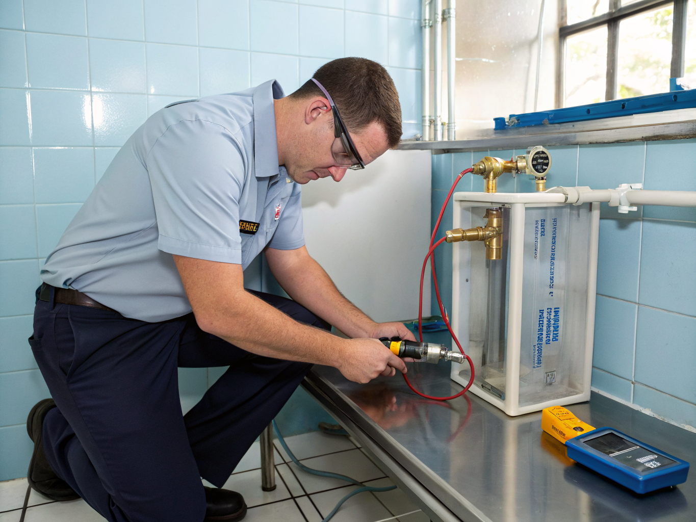 Backflow technician using high-precision differential pressure gauge on a commercial line