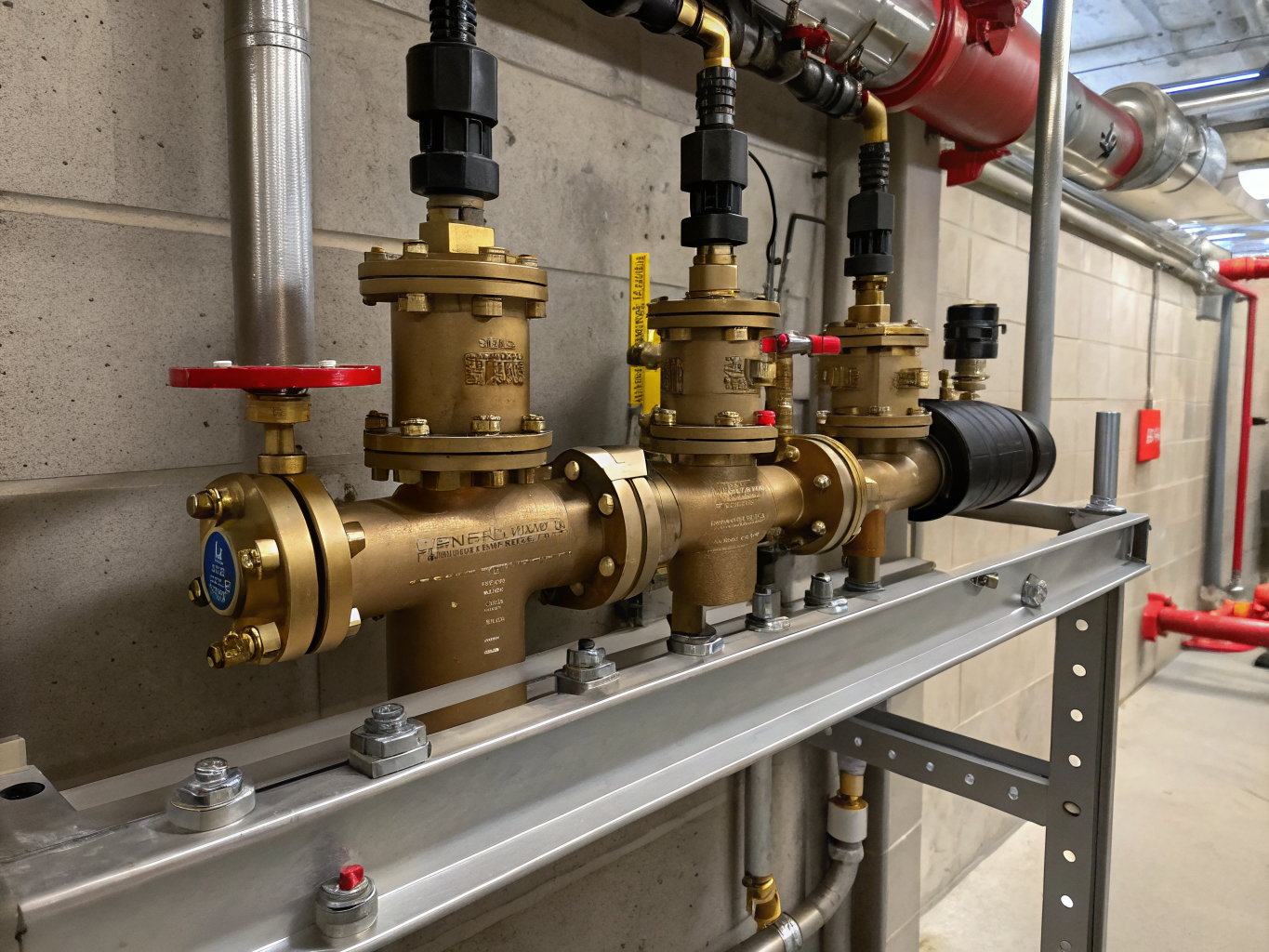 Close-up of a commercial RPZ backflow preventer assembly in a mechanical room